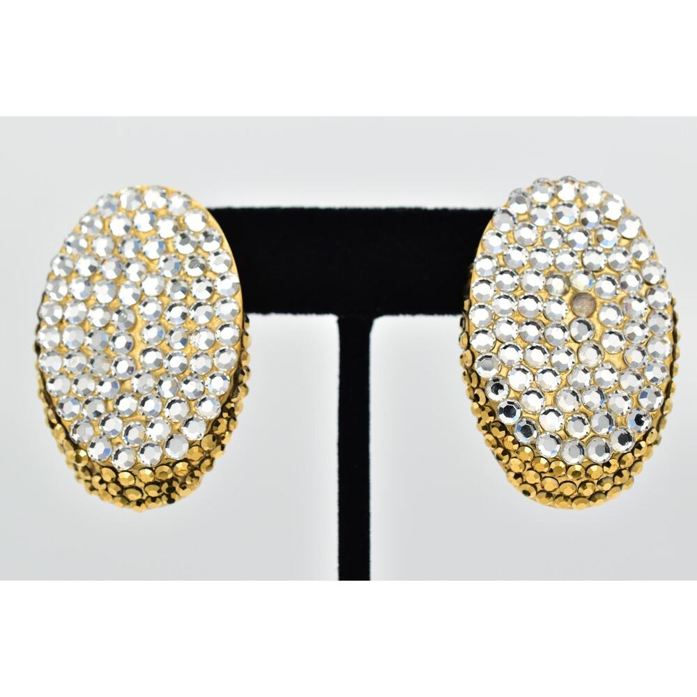 Vintage Crystal Clip On Earrings Sparkling Gold Tone Designs By SD Signed 9H
